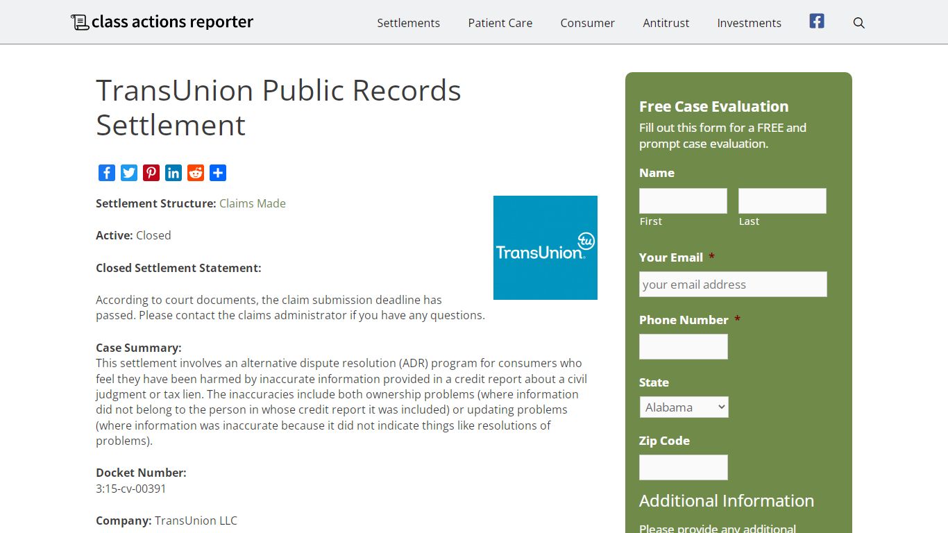 TransUnion Public Records Settlement - Class Actions Lawsuits